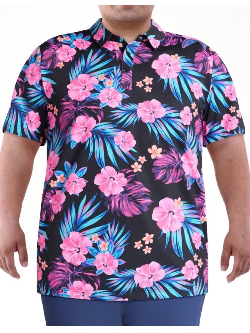 Birdie Bound Men’s Black Golf Polo with Pink & Blue Tropical Floral Print Sz 2XL
